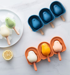 Silicone Bird Shape Ice Cream Mold Popsicle Mould With Sticks 3 Cell Ice Cube Tray DIY Dessert Cake Decoration Tool - Mubimart - Ice Cream Makers 