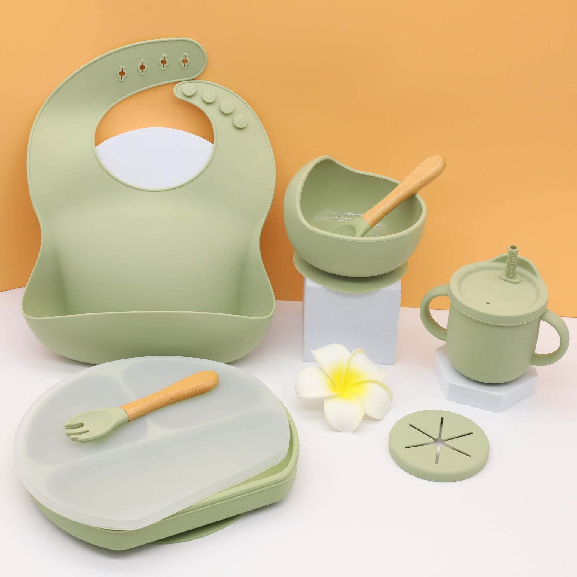 Silicone Kids Bib Bowl Dinner Plate Mat Spoon Fork Set - Mubimart