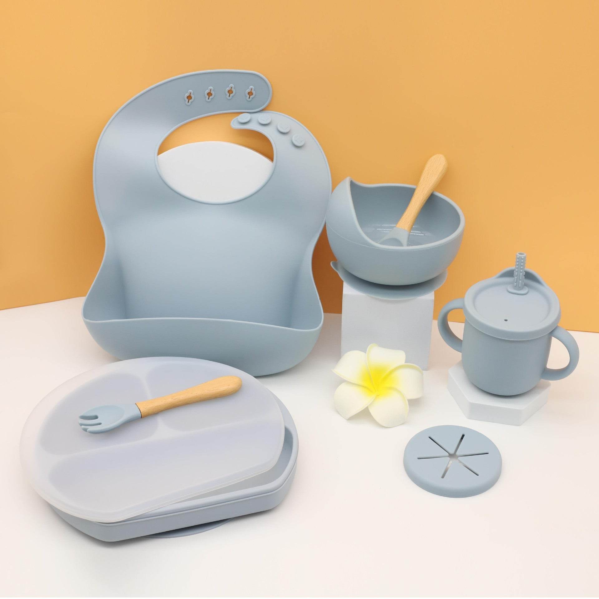 Silicone Kids Bib Bowl Dinner Plate Mat Spoon Fork Set - Mubimart