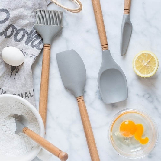 Silicone spatula spatula wooden handle oil brush - Mubimart