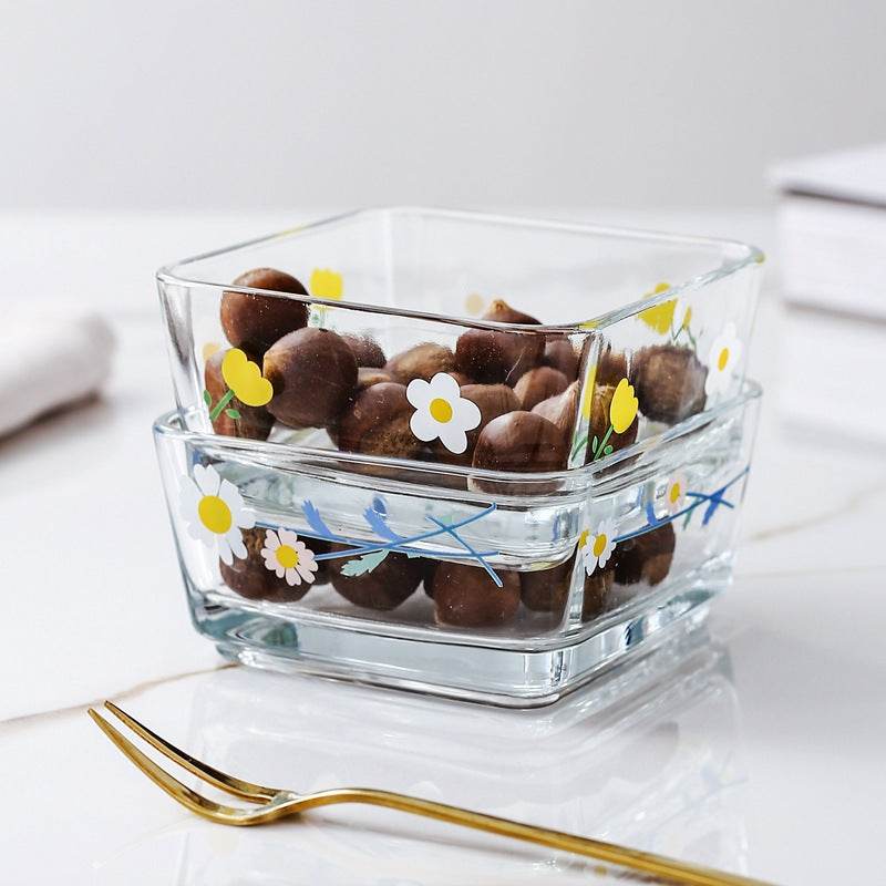 Small Square Glass Bowl Household Dessert Bowl Salad Bowl Trace Gold Snack Bowl - Mubimart
