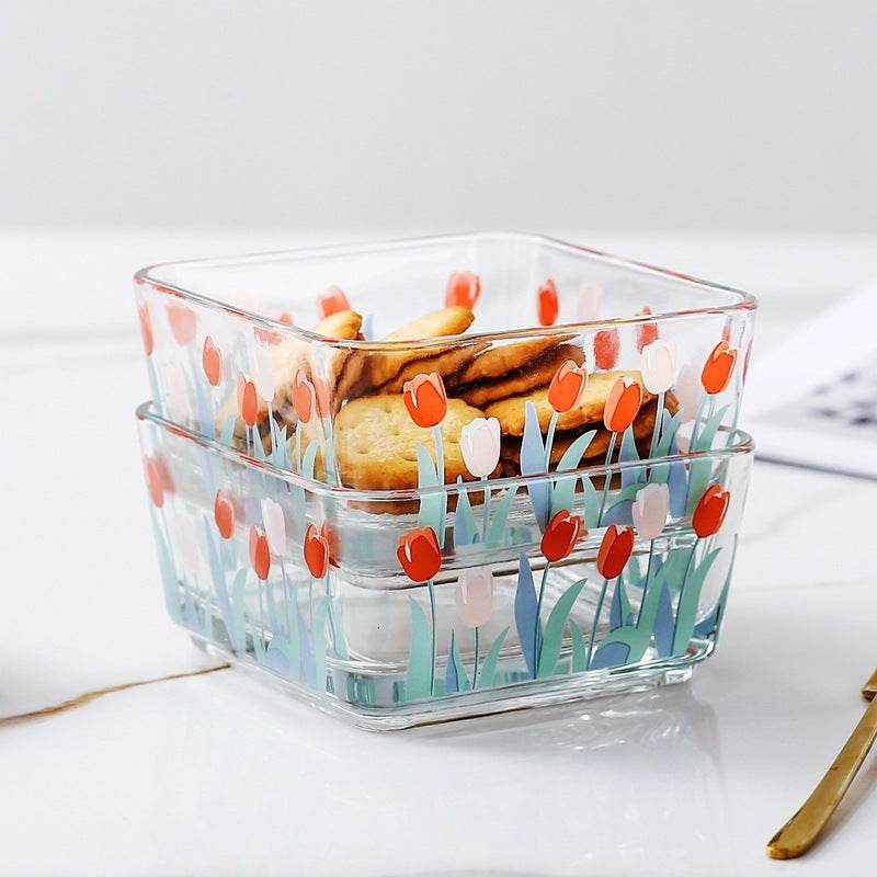 Small Square Glass Bowl Household Dessert Bowl Salad Bowl Trace Gold Snack Bowl - Mubimart