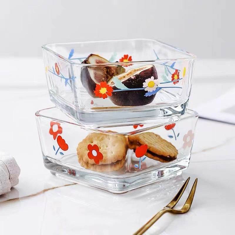 Small Square Glass Bowl Household Dessert Bowl Salad Bowl Trace Gold Snack Bowl - Mubimart