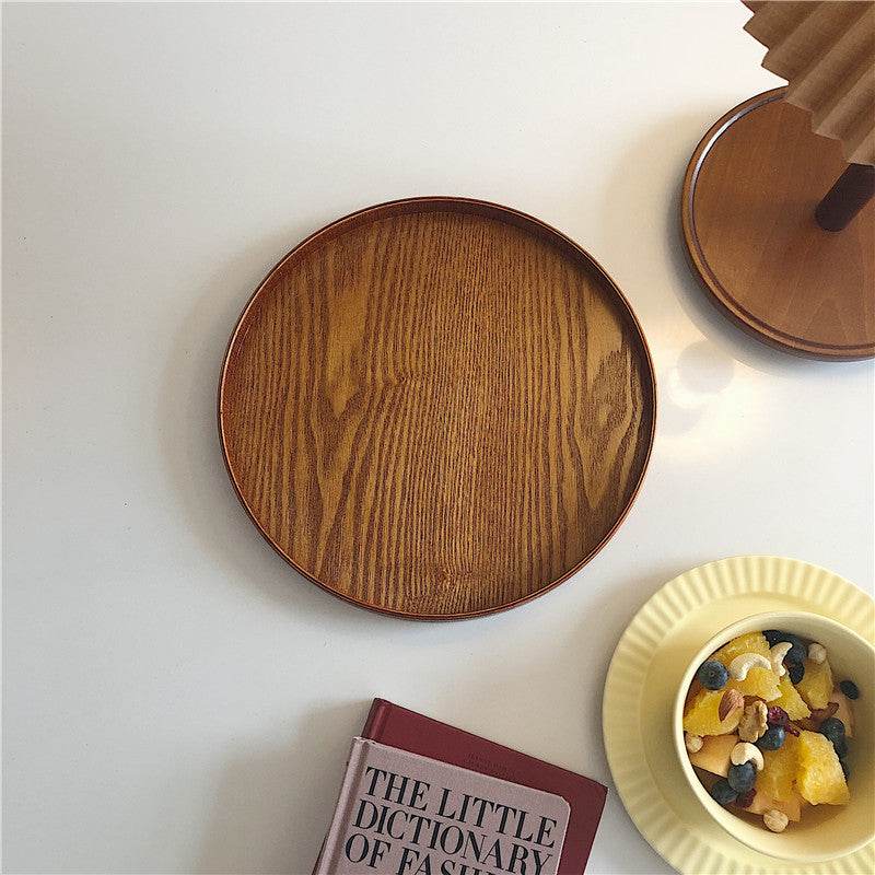 Solid Wood Tray Round Storage Tray Fruit Tray Desktop Storage One-Person Food Tray - Mubimart