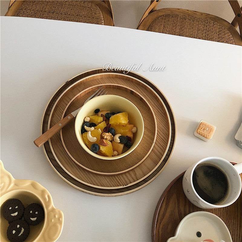 Solid Wood Tray Round Storage Tray Fruit Tray Desktop Storage One-Person Food Tray - Mubimart