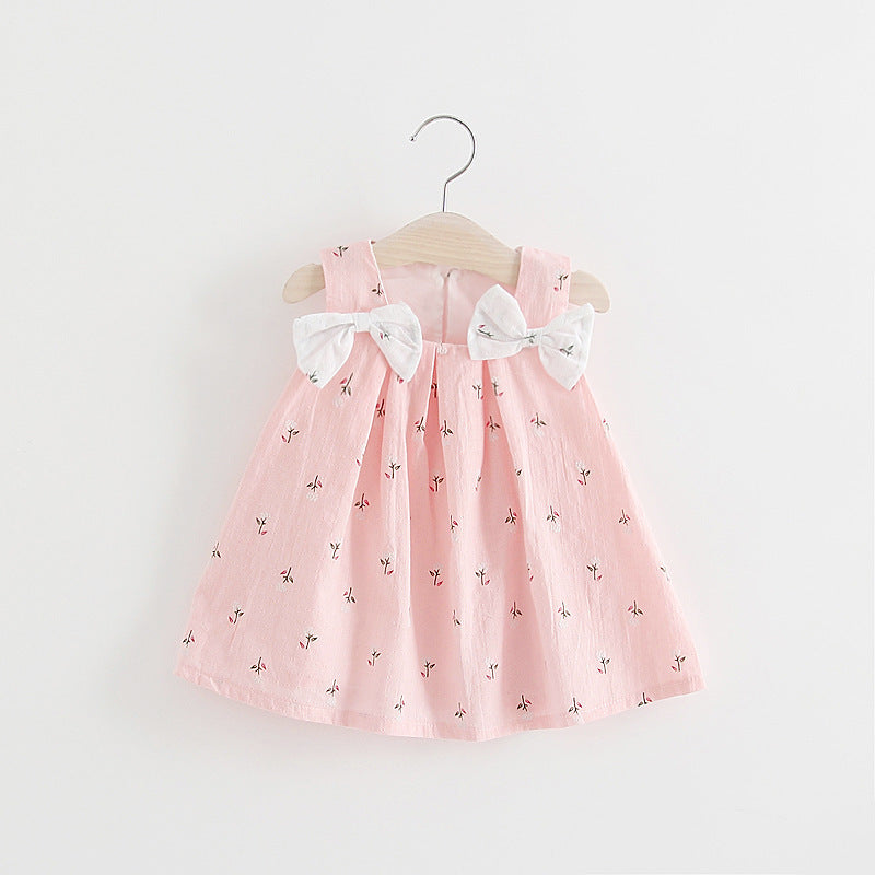 Solid color bow bow floral print halter skirt - Mubimart - Girl Dress 