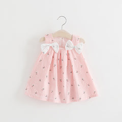 Solid color bow bow floral print halter skirt - Mubimart - Girl Dress 