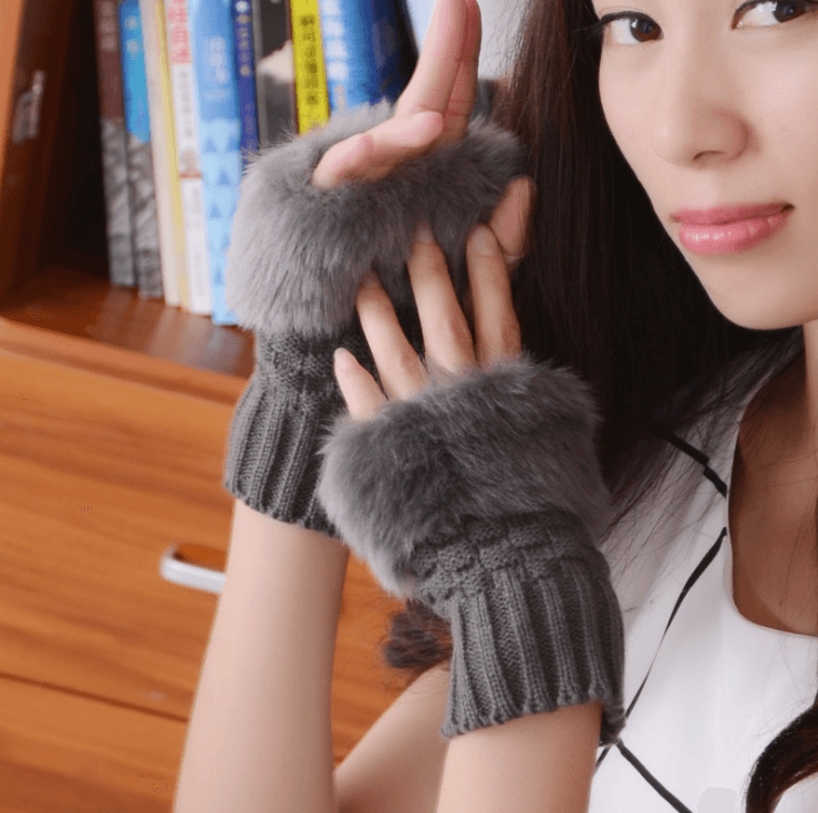 Solid color gloves winter plush wool warm gloves half finger gloves - Mubimart