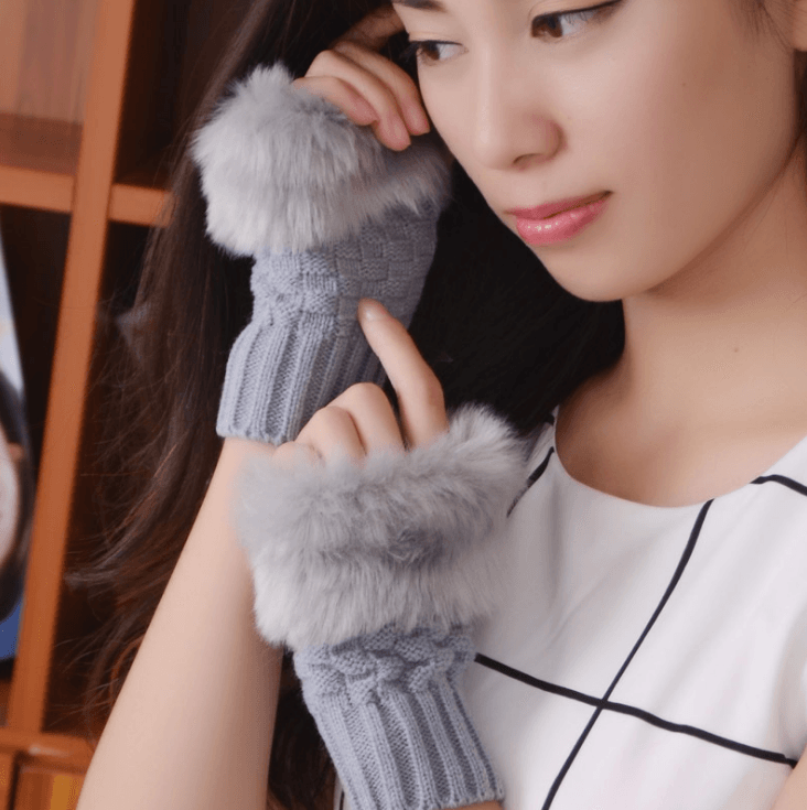Solid color gloves winter plush wool warm gloves half finger gloves - Mubimart