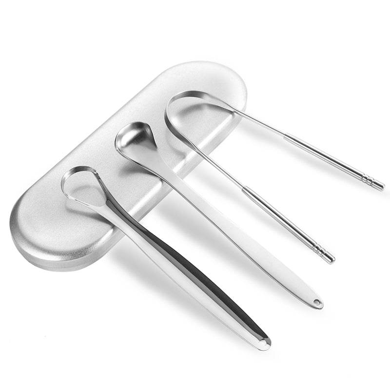 Spot Stainless Steel Tongue Coating Cleaning Oral Tongue Scraper Adult Manual Tongue Coating Tongue Scraper Three-Piece Set - Mubimart