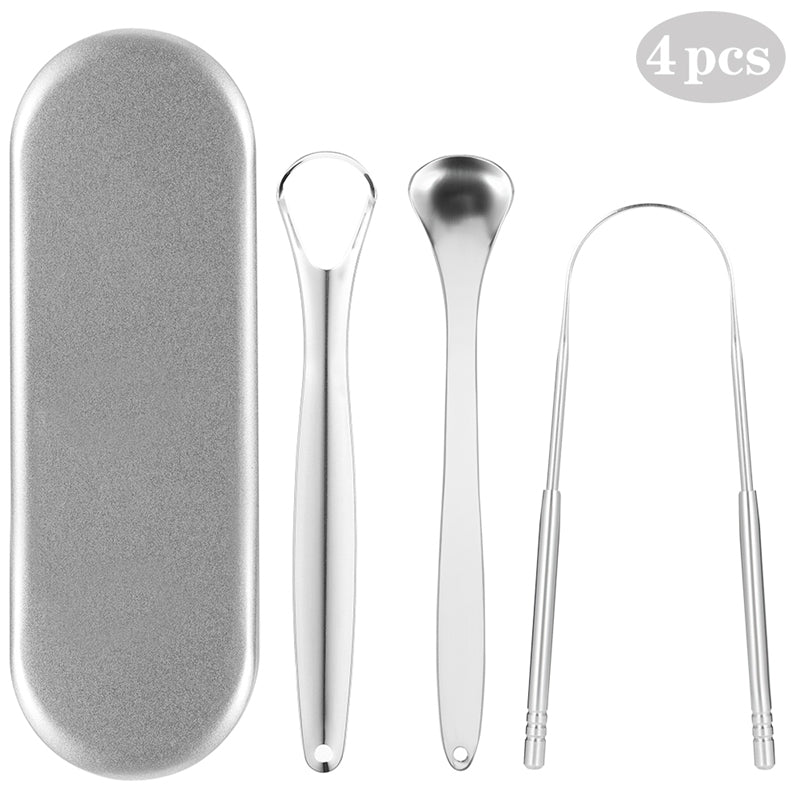 Spot Stainless Steel Tongue Coating Cleaning Oral Tongue Scraper Adult Manual Tongue Coating Tongue Scraper Three-Piece Set - Mubimart - Tongue scraper 