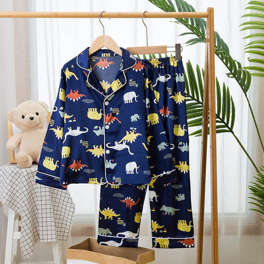 Spring And Autumn Children's Pajamas Silk Boy Girl Child Baby Long-Sleeved Short Suit Ice Silk Baby Air-Conditioned Home Service - Mubimart