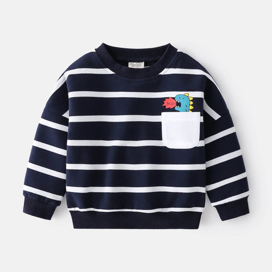 Spring Boys Striped Sweater Casual Loose Round Neck Pullover Sweater Cotton - Mubimart