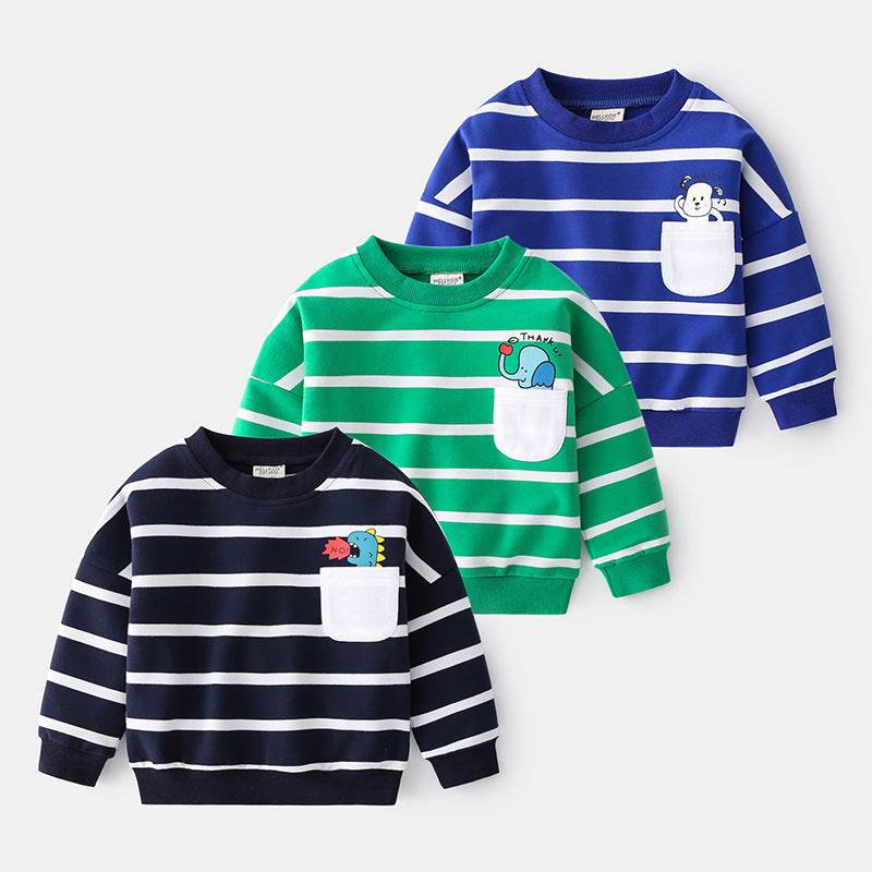 Spring Boys Striped Sweater Casual Loose Round Neck Pullover Sweater Cotton - Mubimart