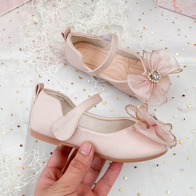Spring New Girls' Single Shoes Cute Bow Rhinestone Soft Sole Flat Shoes - Mubimart