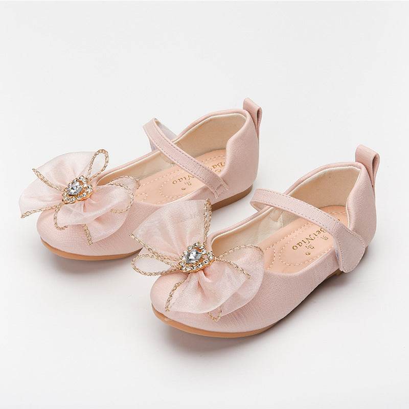 Spring New Girls' Single Shoes Cute Bow Rhinestone Soft Sole Flat Shoes - Mubimart