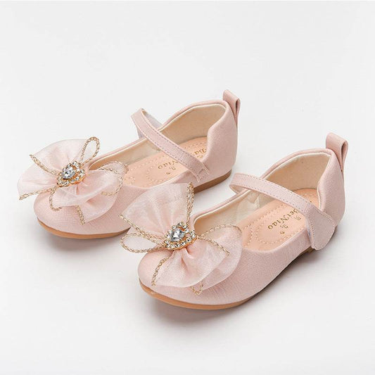 Spring New Girls' Single Shoes Cute Bow Rhinestone Soft Sole Flat Shoes - Mubimart