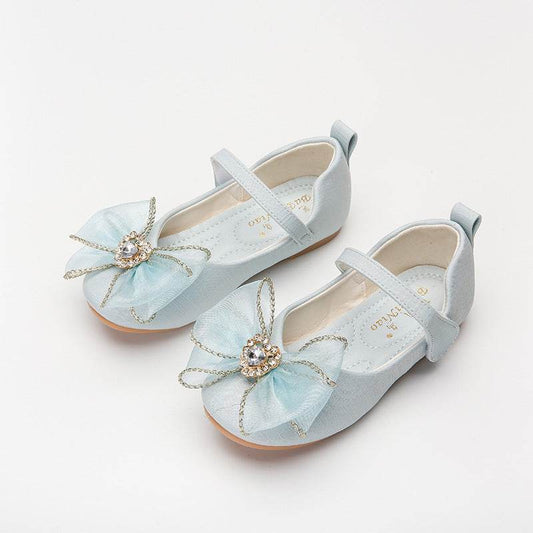 Spring New Girls' Single Shoes Cute Bow Rhinestone Soft Sole Flat Shoes - Mubimart