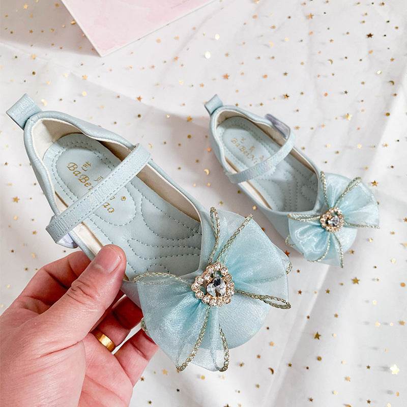 Spring New Girls' Single Shoes Cute Bow Rhinestone Soft Sole Flat Shoes - Mubimart