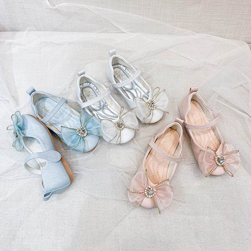 Spring New Girls' Single Shoes Cute Bow Rhinestone Soft Sole Flat Shoes - Mubimart
