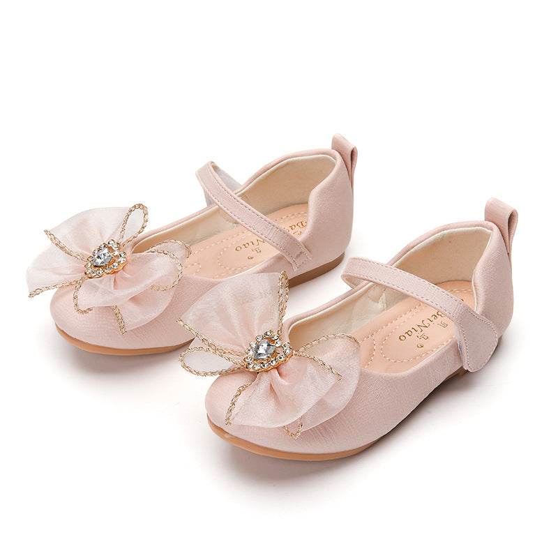 Spring New Girls' Single Shoes Cute Bow Rhinestone Soft Sole Flat Shoes - Mubimart