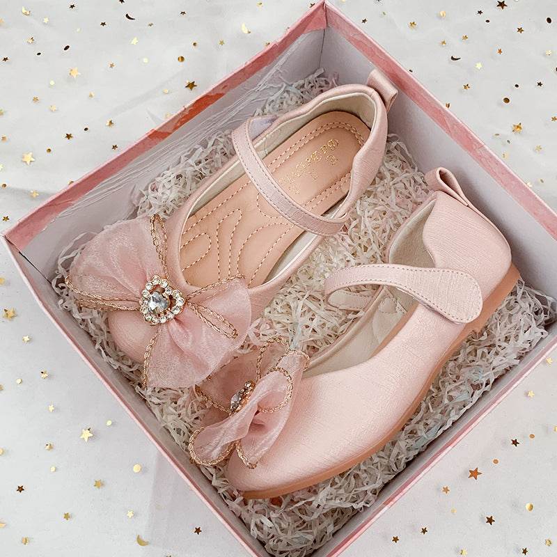Spring New Girls' Single Shoes Cute Bow Rhinestone Soft Sole Flat Shoes - Mubimart
