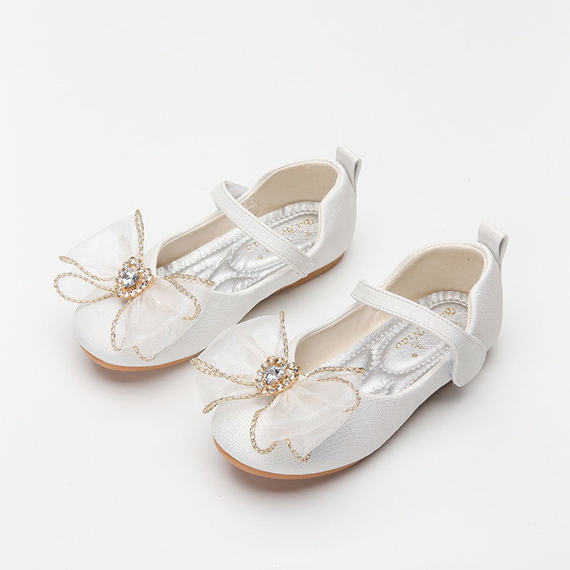 Spring New Girls' Single Shoes Cute Bow Rhinestone Soft Sole Flat Shoes - Mubimart - Girls Shoes 