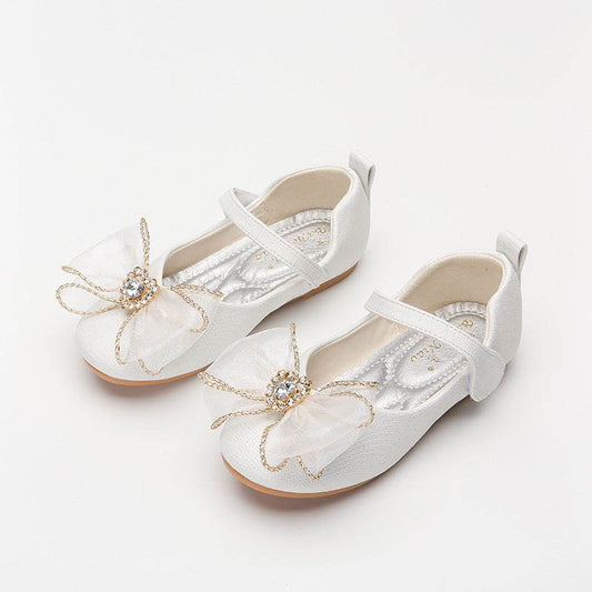 Spring New Girls' Single Shoes Cute Bow Rhinestone Soft Sole Flat Shoes - Mubimart