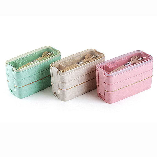 Square Double Three-layer Wheat Straw Fiber Plastic Lunch Box - Mubimart