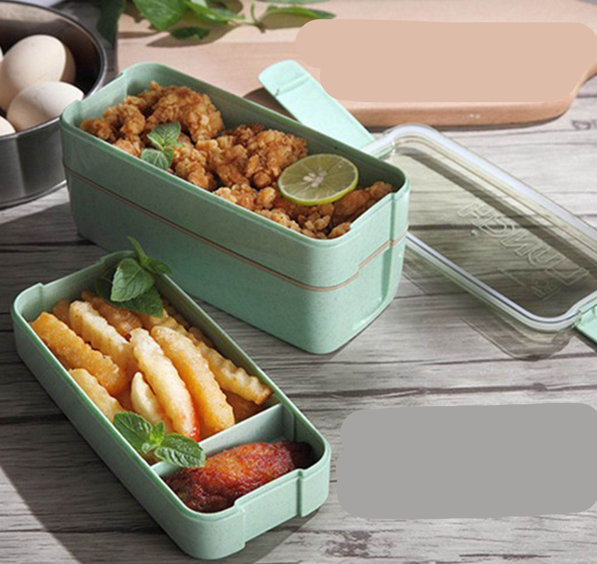 Square Double Three-layer Wheat Straw Fiber Plastic Lunch Box - Mubimart