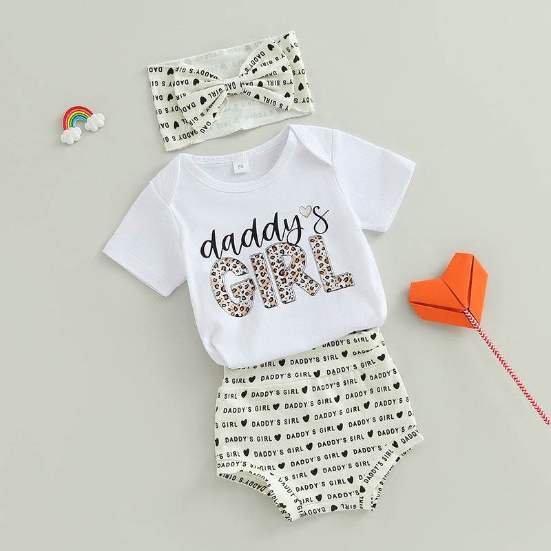 Summer Baby Girl Short Sleeve Adjustable Clothes Pants Hair Accessories Three-piece Set - Mubimart