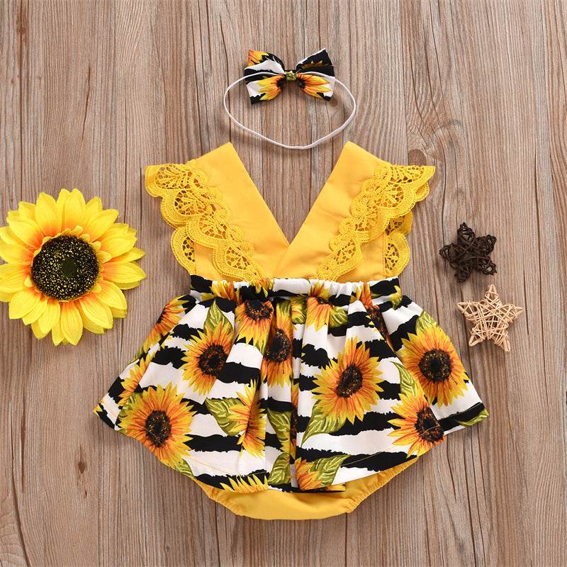 Summer Baby Girl Triangle Romper, Lace Wrapper For Newborn Baby, Sunflower Baby One-piece Romper - Mubimart