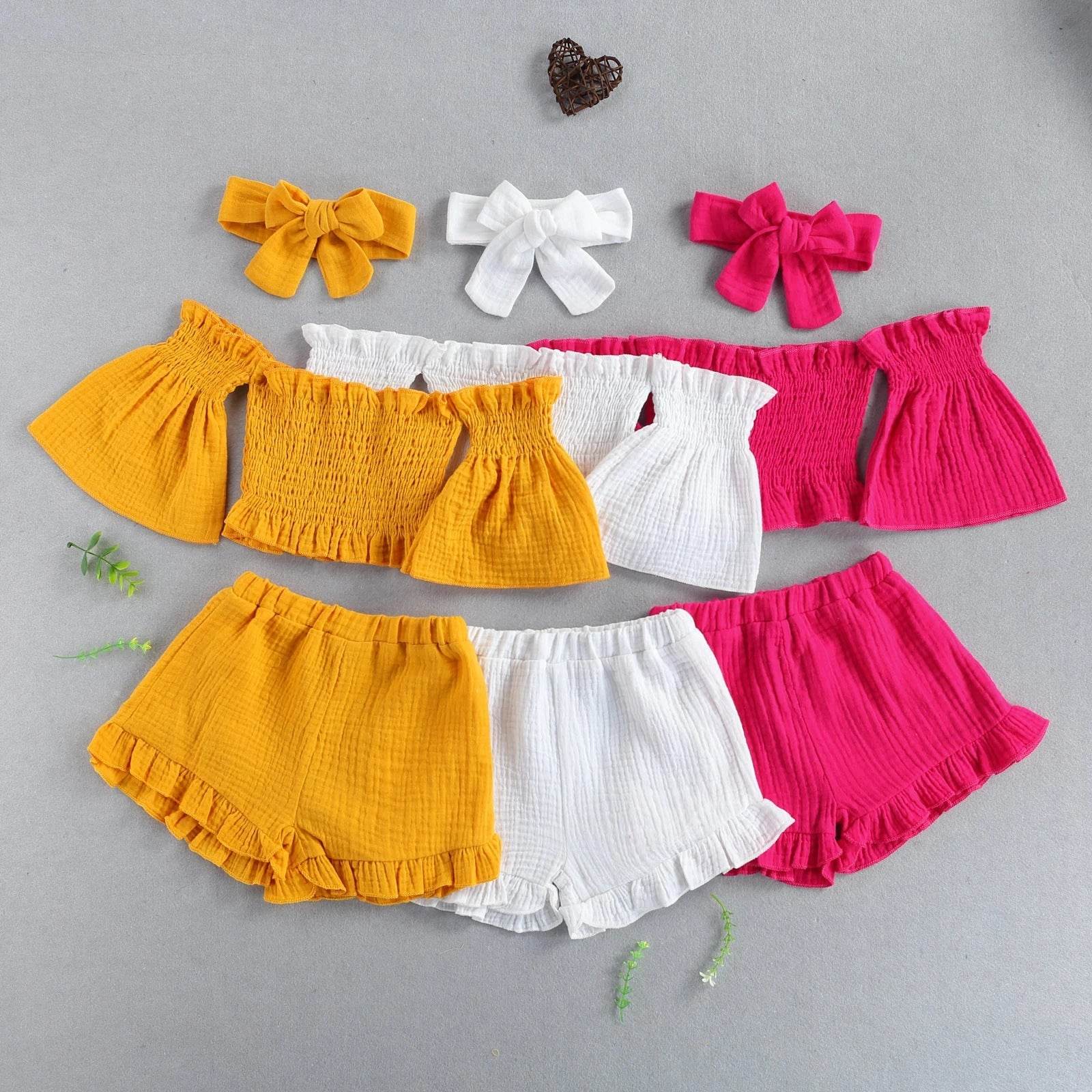 Summer Girls' Suit One-Shoulder Folds Flared Sleeve Shorts Three-Piece Shorts - Mubimart