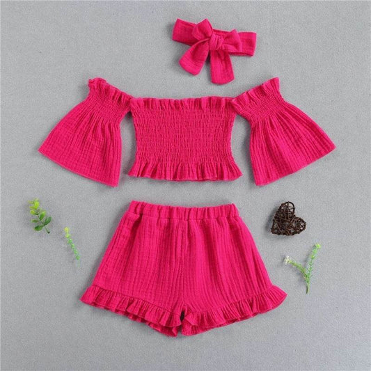 Summer Girls' Suit One-Shoulder Folds Flared Sleeve Shorts Three-Piece Shorts - Mubimart