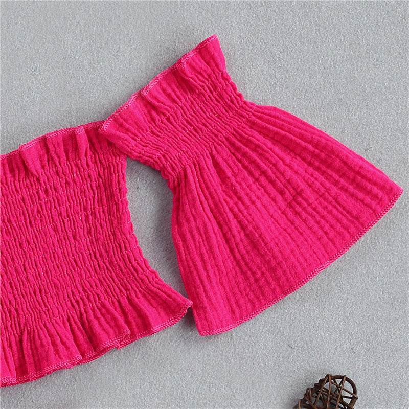 Summer Girls' Suit One-Shoulder Folds Flared Sleeve Shorts Three-Piece Shorts - Mubimart