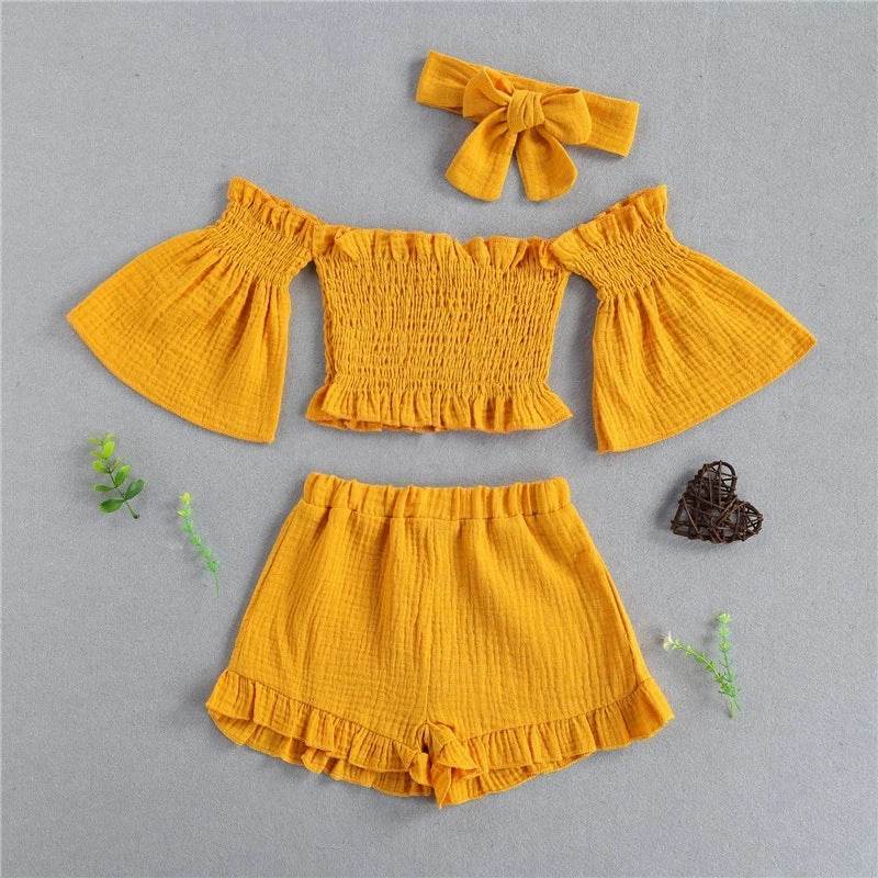 Summer Girls' Suit One-Shoulder Folds Flared Sleeve Shorts Three-Piece Shorts - Mubimart