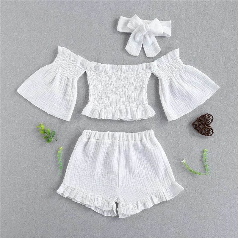 Summer Girls' Suit One-Shoulder Folds Flared Sleeve Shorts Three-Piece Shorts - Mubimart