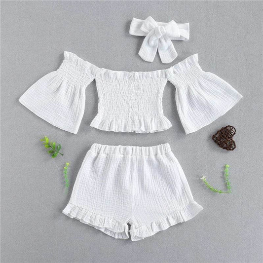 Summer Girls' Suit One-Shoulder Folds Flared Sleeve Shorts Three-Piece Shorts - Mubimart