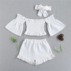 Summer Girls' Suit One-Shoulder Folds Flared Sleeve Shorts Three-Piece Shorts - Mubimart - Cloth 