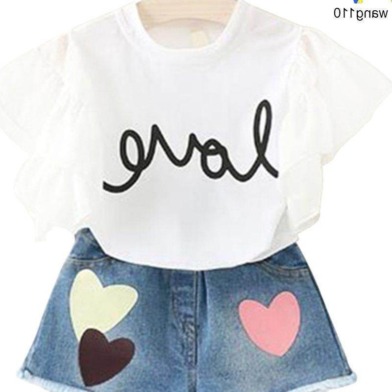 Summer Kids Girls Clothing Sets 2 pcs T-shirt Hole Pants Set - Mubimart