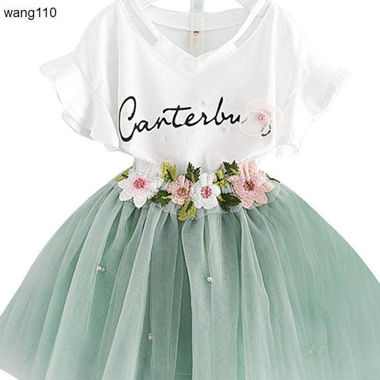 Summer Kids Girls Clothing Sets 2 pcs T-shirt Hole Pants Set - Mubimart
