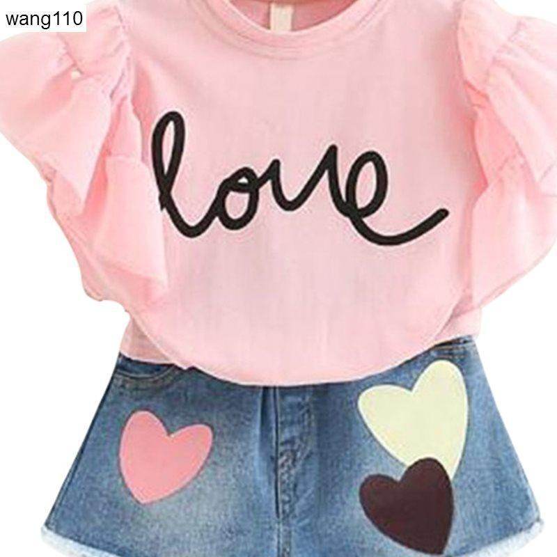 Summer Kids Girls Clothing Sets 2 pcs T-shirt Hole Pants Set - Mubimart