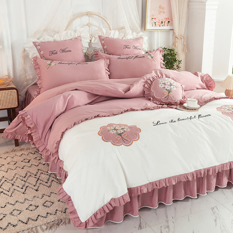 Summer Ruffled Cotton Four-piece Set Girl Heart Embroidery Flower Quilt Cover - Mubimart -  