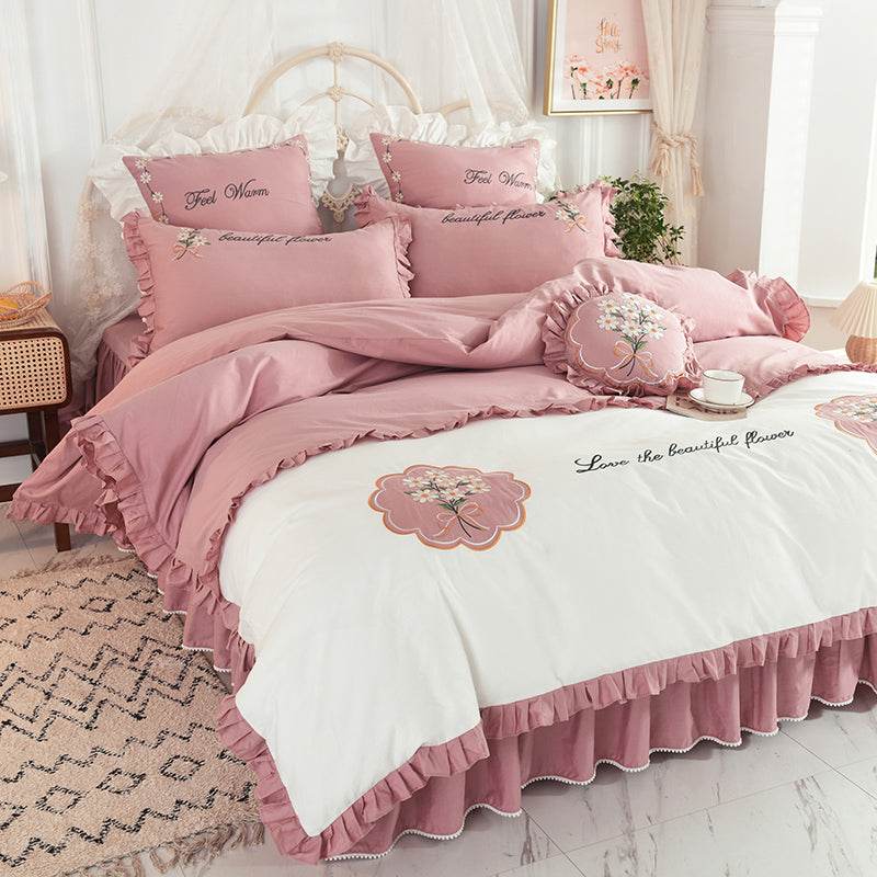 Summer Ruffled Cotton Four-piece Set Girl Heart Embroidery Flower Quilt Cover - Mubimart
