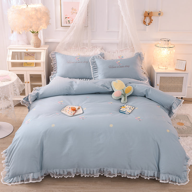 Summer Ruffled Cotton Four-piece Set Girl Heart Embroidery Flower Quilt Cover - Mubimart -  