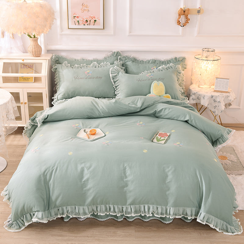 Summer Ruffled Cotton Four-piece Set Girl Heart Embroidery Flower Quilt Cover - Mubimart -  