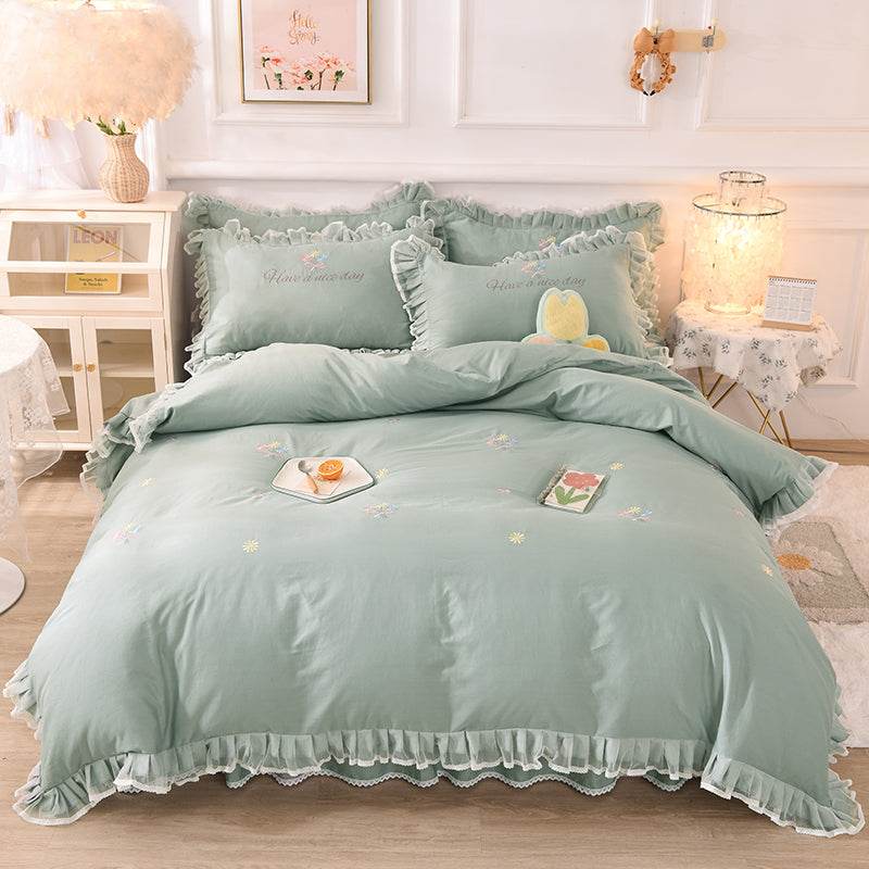 Summer Ruffled Cotton Four-piece Set Girl Heart Embroidery Flower Quilt Cover - Mubimart