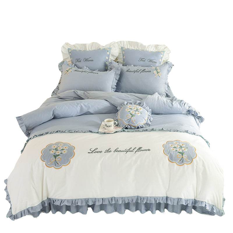 Summer Ruffled Cotton Four-piece Set Girl Heart Embroidery Flower Quilt Cover - Mubimart