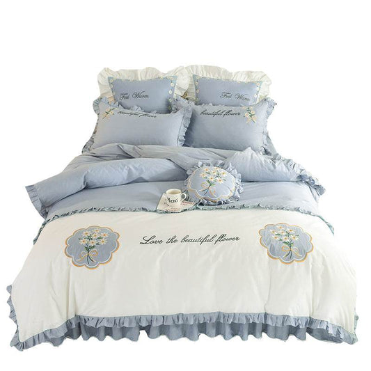 Summer Ruffled Cotton Four-piece Set Girl Heart Embroidery Flower Quilt Cover - Mubimart