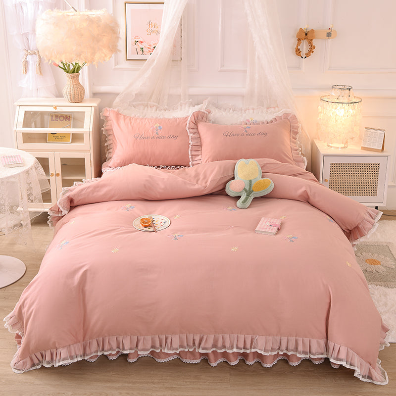 Summer Ruffled Cotton Four-piece Set Girl Heart Embroidery Flower Quilt Cover - Mubimart -  